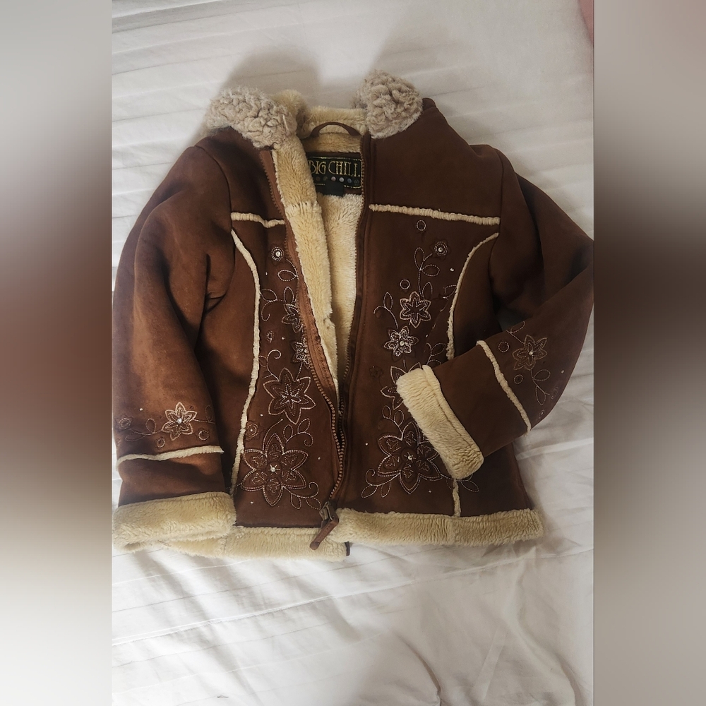 Brown and Beige Girls Hooded Faux Fur Coat